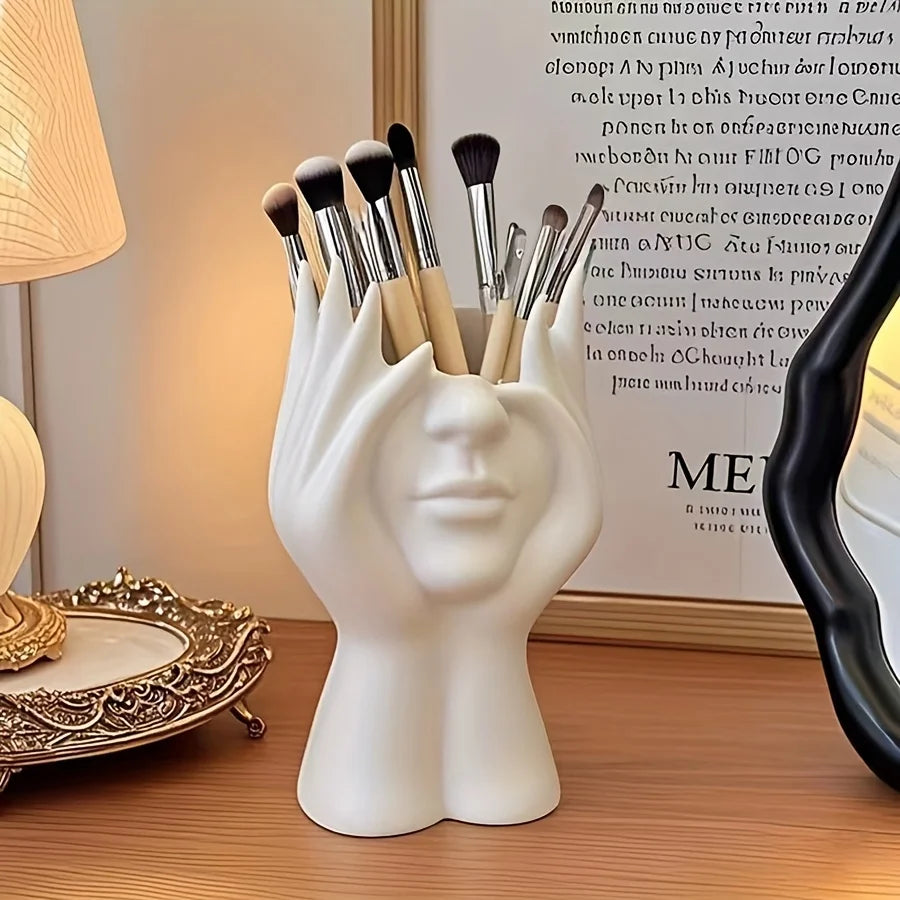 Abstract Face Design Plastic Pen Holder & Makeup Brush Organizer - Multi-Functional Decorative Art Sculpture