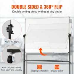 SucceBuy Rolling Magnetic Whiteboard Double-Sided Mobile Whiteboard 360° Reversible Adjustable Height Dry Erase Board for School