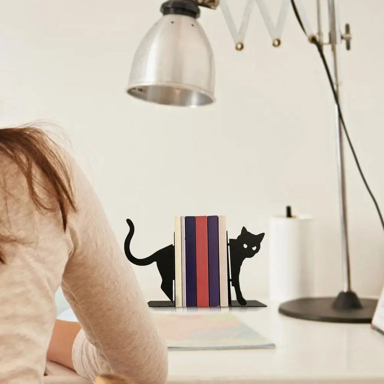 Metal Animal Bookends 1 Pair Cute Cat Bookends For Heavy Books Black Bookends Creative And Cute Cat Shape Desktop Organizer