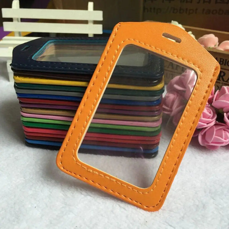 PU Leather ID Badge Case Clear With Color Border Lanyard Holes Double Sided Transparent Credit Card Holder Gift Office Supplies