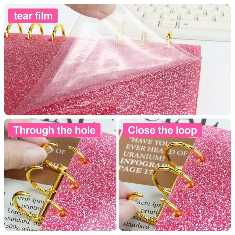 A6 Acrylic Loose-leaf Notebook Cover Glitter Transparent Binder Notebook Shell DIY Scrapbook Cover Office Stationery Supplies