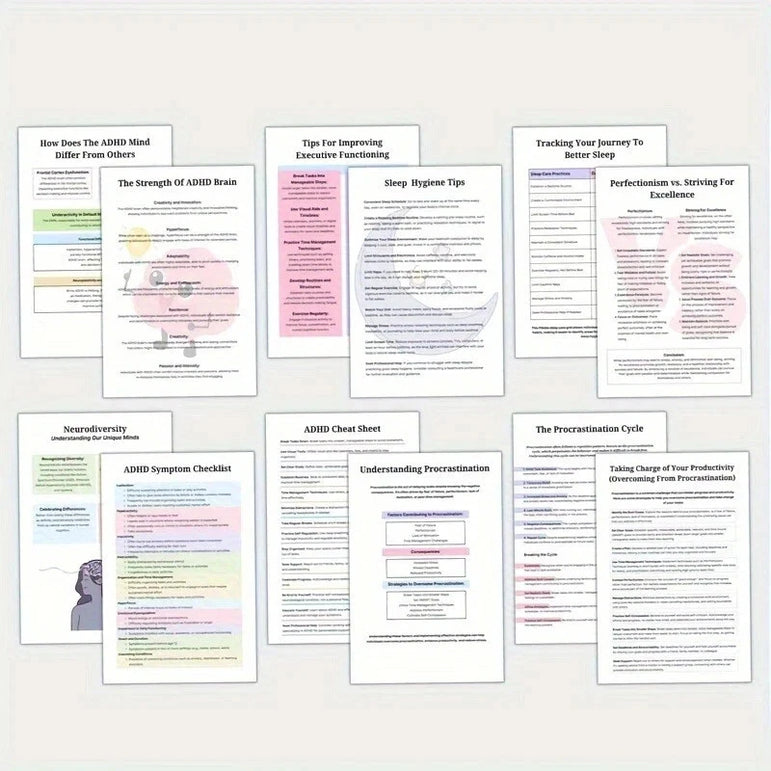 ADHD Late Diagnosis Planner Worksheets for Adults - Brain Illustration Cover, Overcome Procrastination & Problem Solving Tools