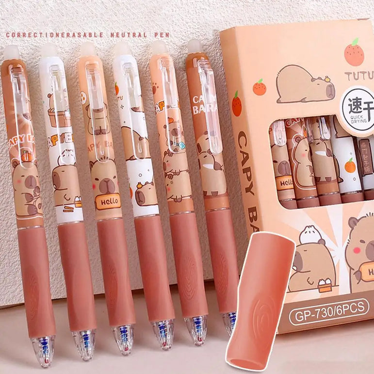 6Pcs Cute Cartoon Capybara Retractable Erasable Pens Cute Capybara Pens Nibs Blue Ink Writing Supplies Aesthetic Stationery