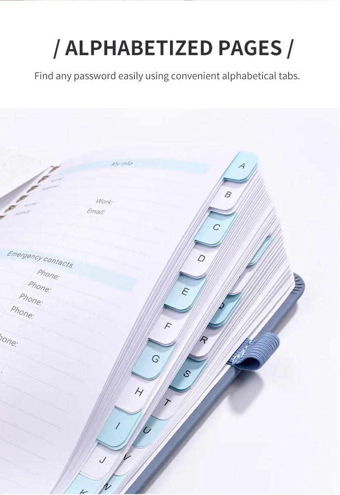 Spiral Password Keeper Book 56 Sheets Alphabetical Tabs Notebook PU Leather Cover Pen Holder Secure Internet Password Organizer