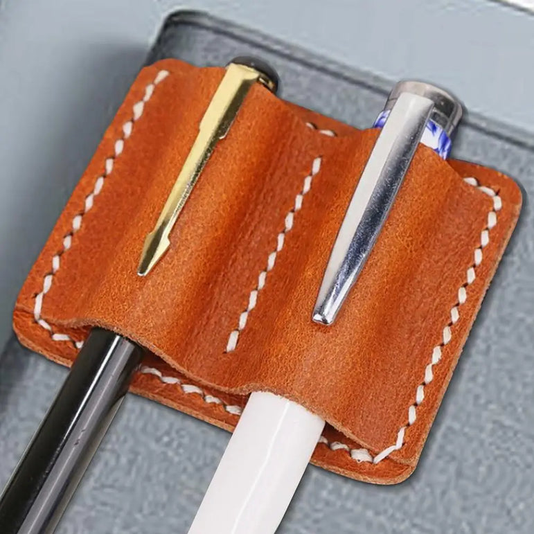 Retro Pen Pencil Holder Double Pen Clip PU Anti Lost Pen Organizer For Travel Notebook Pen Insertion Stainless Steel Pen Cover