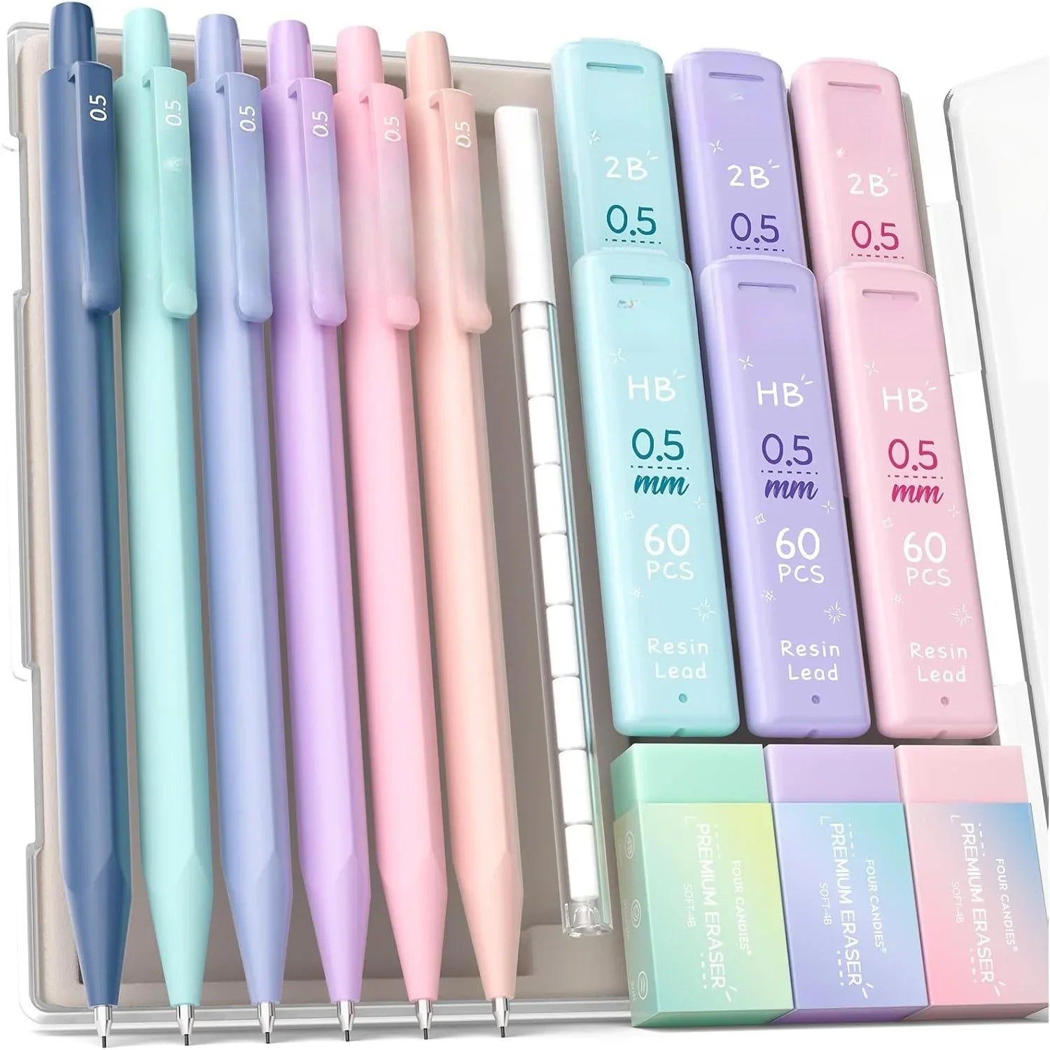 Mechanical Pencil 0.5, with HB and 2B lead fill 0.5mm, colored eraser set and eraser fill, 16 count pack