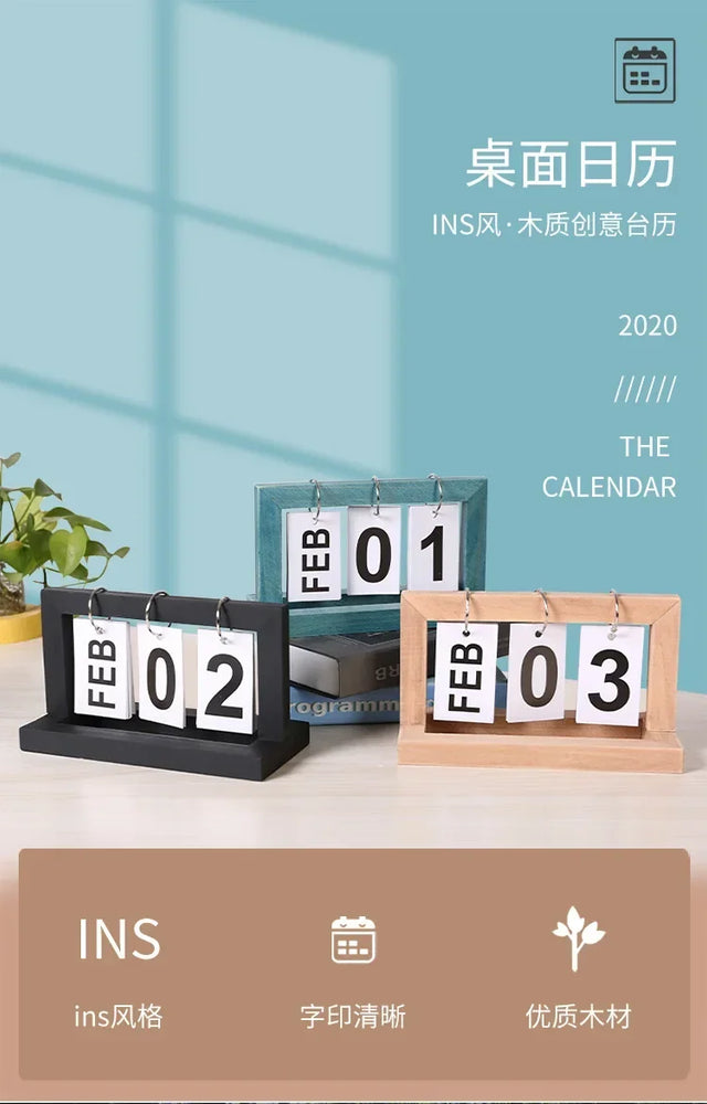 INS Nordic Style Wooden Perpetual Calendar Flip Month Date Display Desktop Schedule Daily Planner Office Home Decor Photo Props