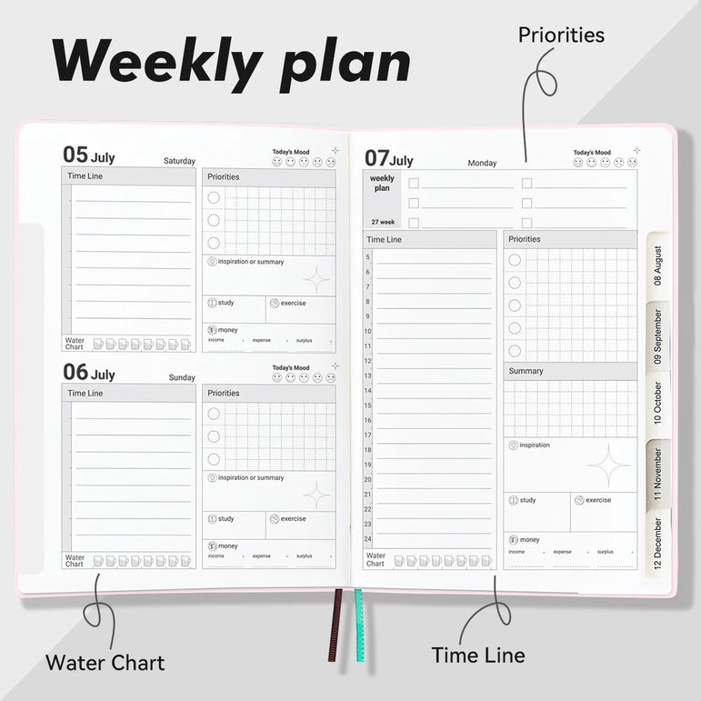 July 2025-June 2026 Planner Notebook English Agenda  A5 PU Leather Cover School Agenda Plan Weekly Monthly Diary Organizer