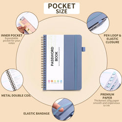 Spiral Password Keeper Book 56 Sheets Alphabetical Tabs Notebook PU Leather Cover Pen Holder Secure Internet Password Organizer