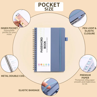 Spiral Password Keeper Book 56 Sheets Alphabetical Tabs Notebook PU Leather Cover Pen Holder Secure Internet Password Organizer