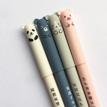4pcs Cartoon Animals Erasable Gel Pen 0.35mm Refill Rods Kawaii Panda Pig Cat Ballpoint Pen Washable Handle For School Supplies