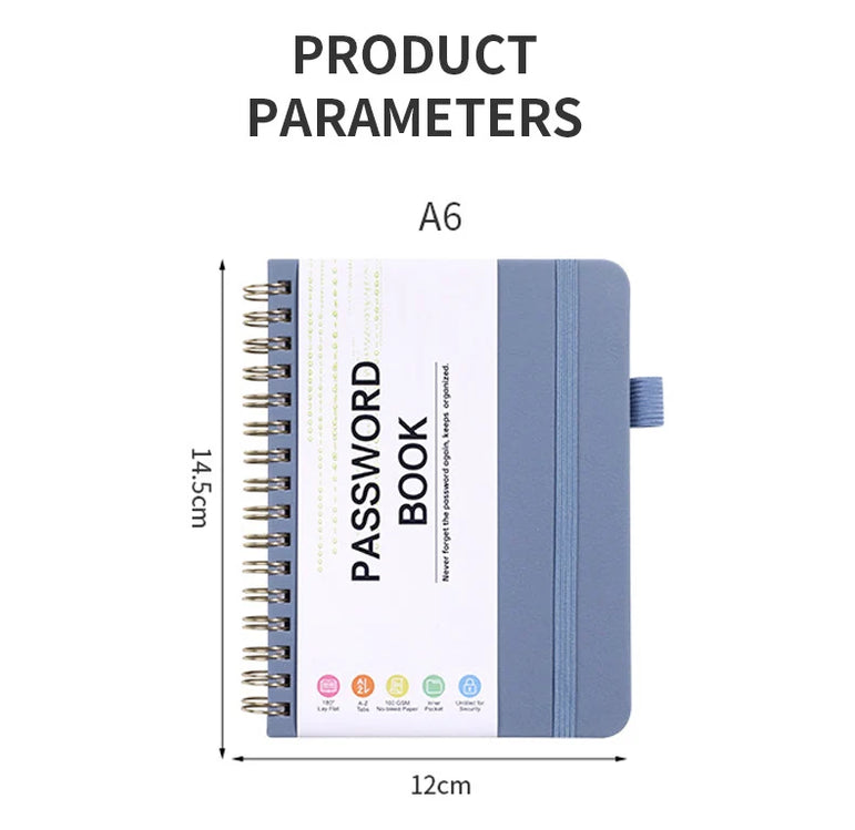Spiral Password Keeper Book 56 Sheets Alphabetical Tabs Notebook PU Leather Cover Pen Holder Secure Internet Password Organizer