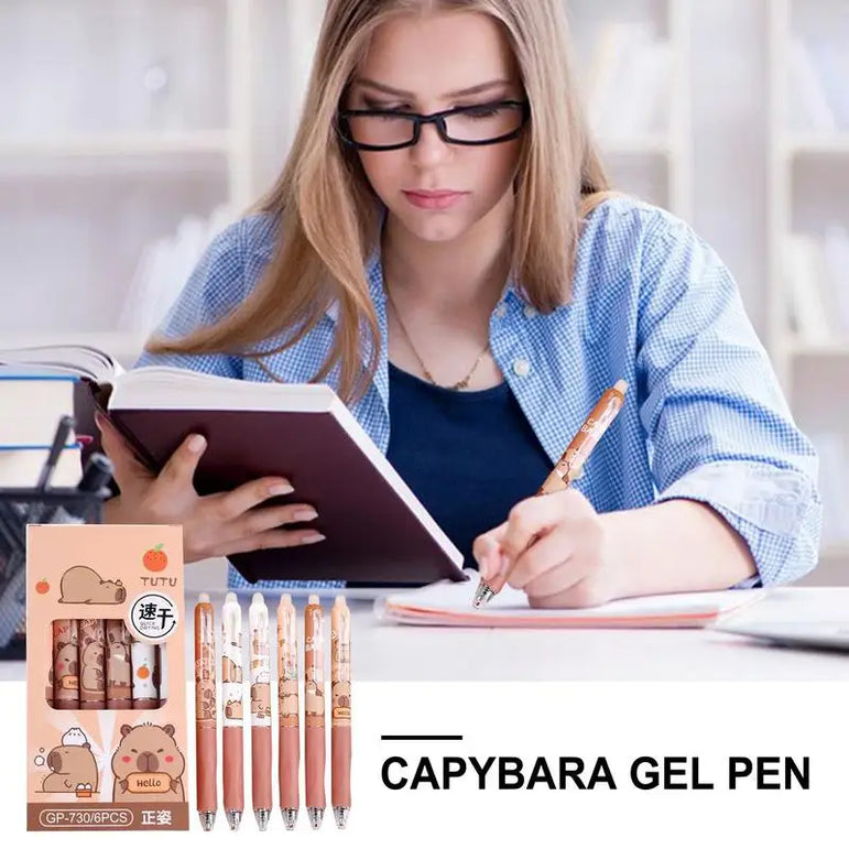 6Pcs Capybara Gel Pens Set Quickly-Drying 0.5mm Blue Erasable Pens Office School Supplies Student Stationery Gifts