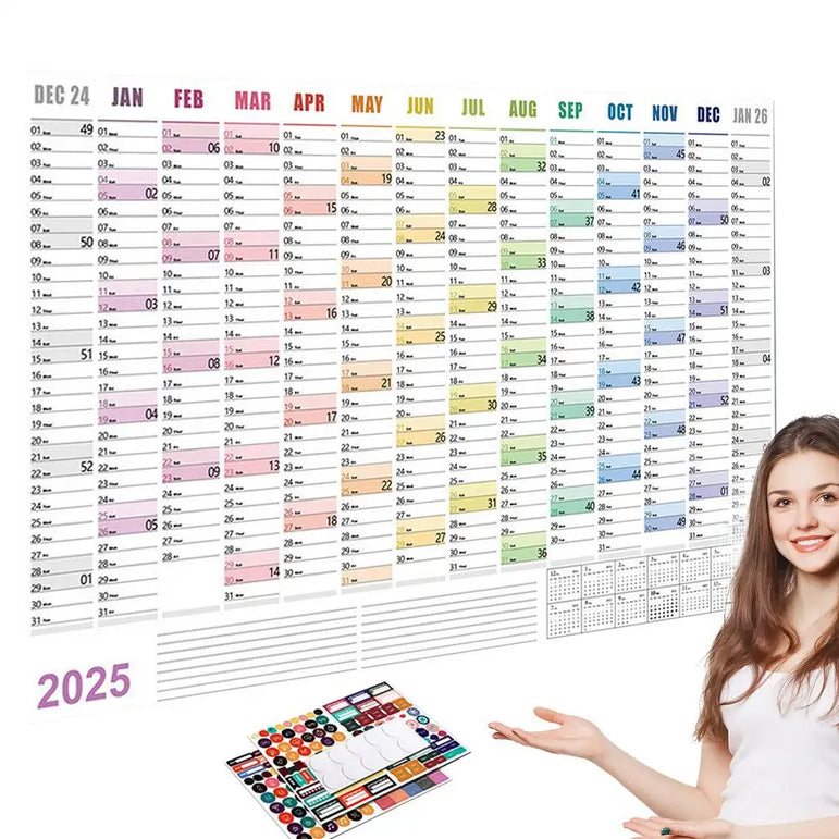 Full Year Wall Calendar 2025 365 Day Poster Calendar Wall Hanging Yearly Planner Thick Paper Calendar With Colored Stickers
