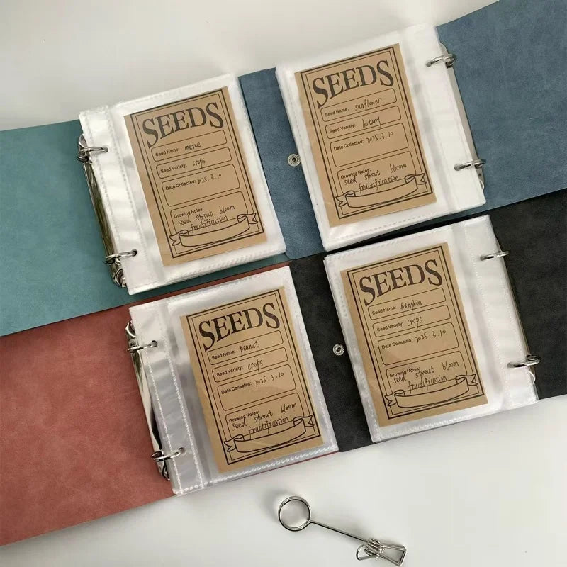 Large Capacity 5inch 2rings Seed Organizer Binder Insertable PU Leather Album for Seed Storage,Gardening Journal,Plant Envelopes