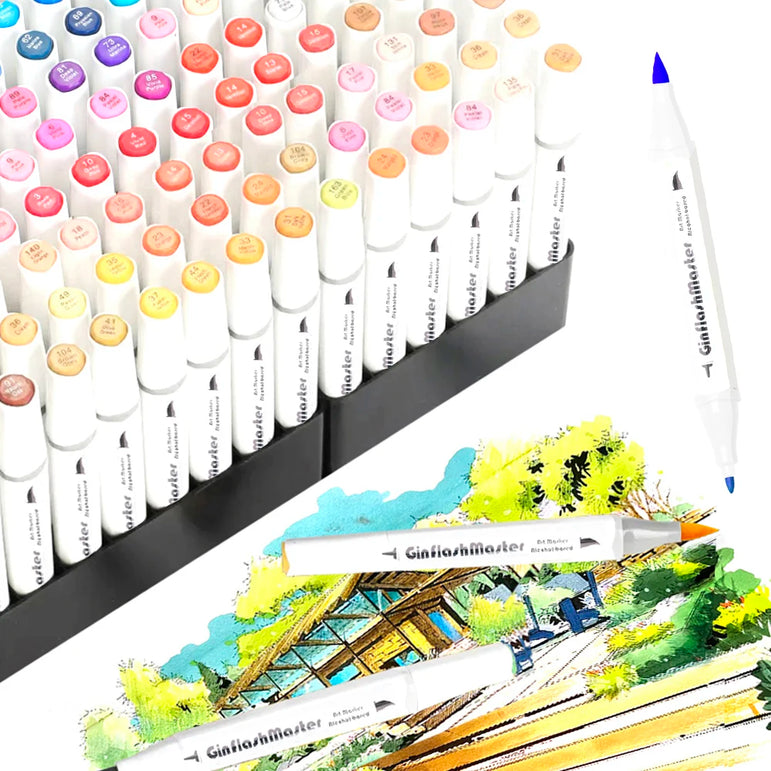 Ginflash Brush & Fine Comic Art Markers Brush Pen Sketch Alcohol Based Markers Dual Head Manga Drawing Art Supplies DP080