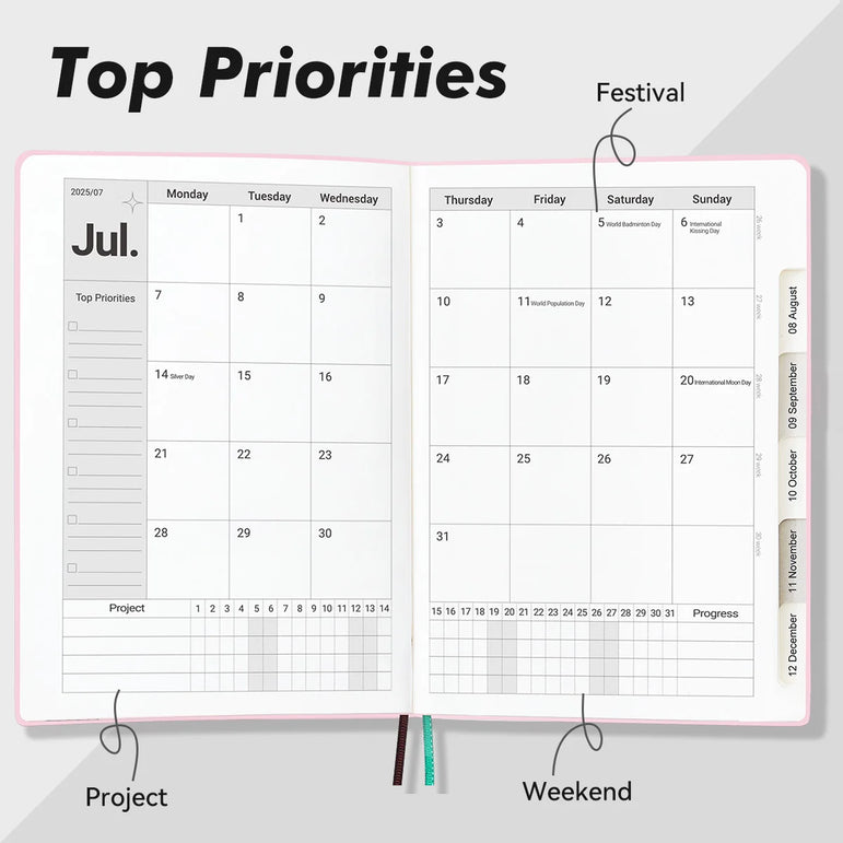 July 2025-June 2026 Planner Notebook English Agenda  A5 PU Leather Cover School Agenda Plan Weekly Monthly Diary Organizer