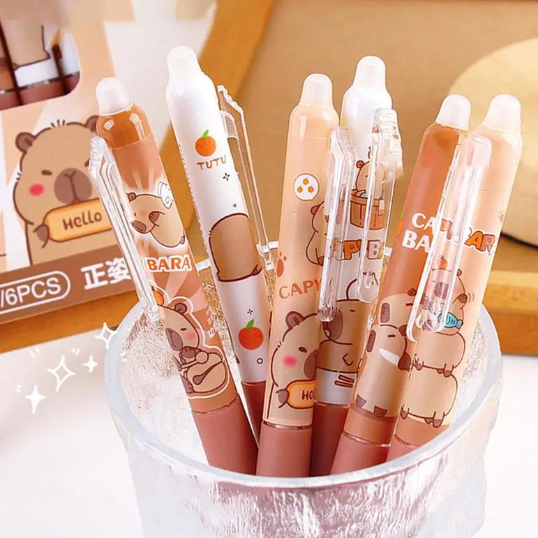 6Pcs Cute Cartoon Capybara Retractable Erasable Pens Cute Capybara Pens Nibs Blue Ink Writing Supplies Aesthetic Stationery