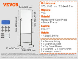 SucceBuy Rolling Magnetic Whiteboard Double-Sided Mobile Whiteboard 360° Reversible Adjustable Height Dry Erase Board for School