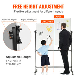 SucceBuy Rolling Magnetic Whiteboard Double-Sided Mobile Whiteboard 360° Reversible Adjustable Height Dry Erase Board for School