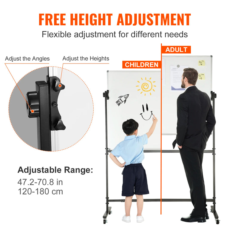 SucceBuy Rolling Magnetic Whiteboard Double-Sided Mobile Whiteboard 360° Reversible Adjustable Height Dry Erase Board for School