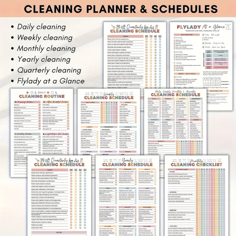 ADHD Cleaning Planner Bundle – Includes Home Cleaning Schedule, Weekly, Monthly, Year-Round Cleanliness Tips, Family Chore Chart