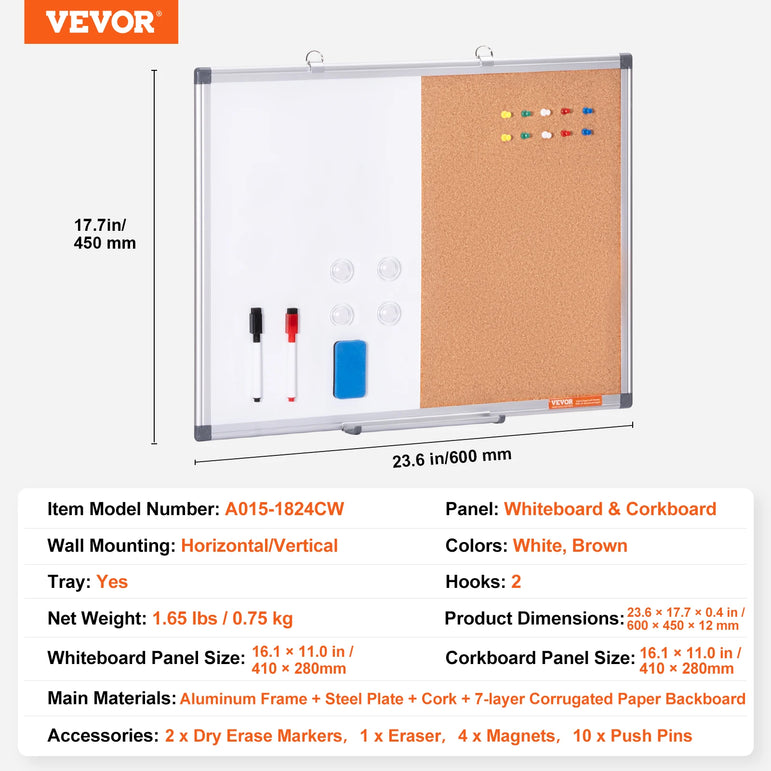 SucceBuy Whiteboard&Cork Board 2-in-1 Magnetic Dry Erase/with Linen Surface Bulletin Board for Wall Mount for School Home Office