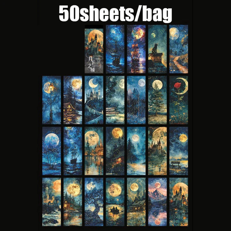 50pcs/bag moon phase theme stamping material book moon earth planet landscape material paper DIY handbook decoration cardstock
