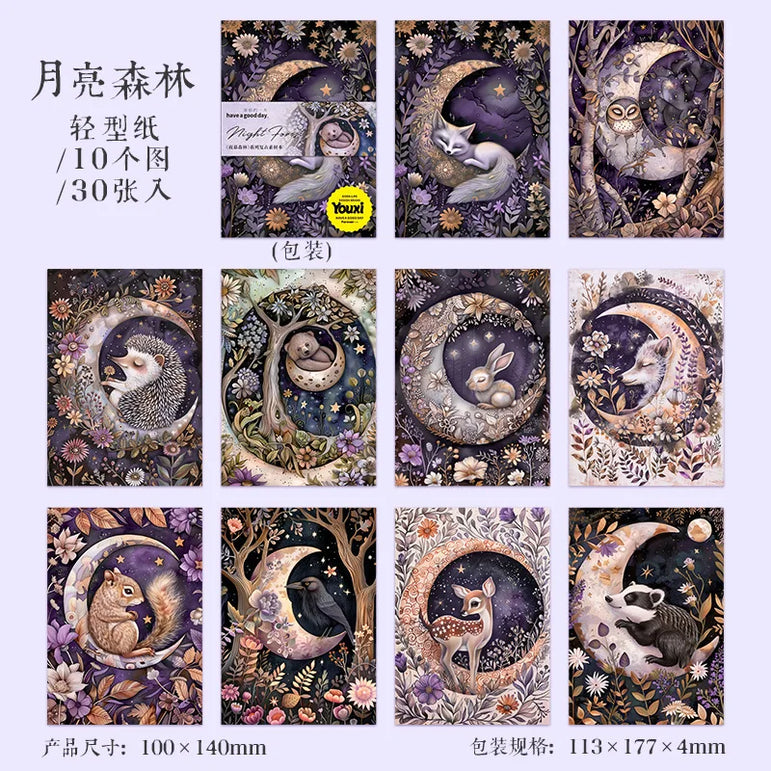 30pcs/lot Memo Pads Material Paper Night Forest Junk Journal Scrapbooking Cards Retro Background Decoration Paper