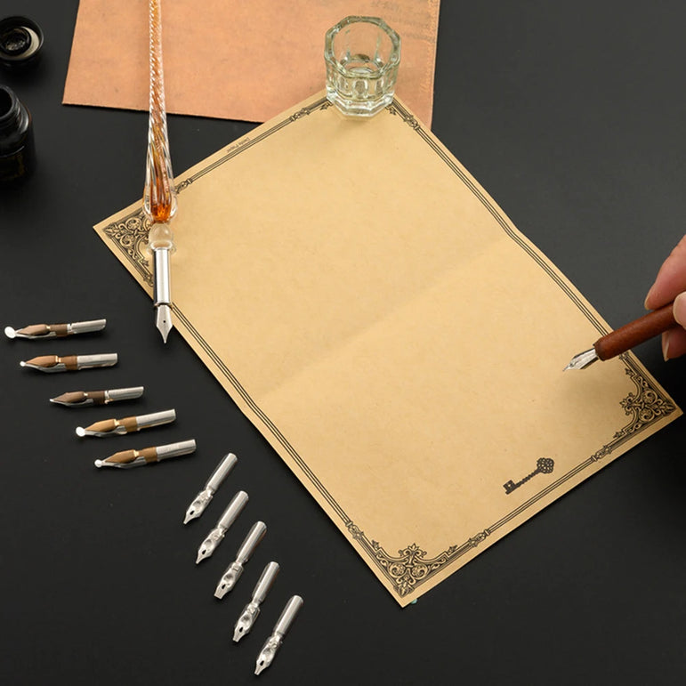 European Dip Pen Fountain Retro Starry Sky Glass Ink Calligraphy Student Writing Exquisite Stationery Dip Pen Sets Gift