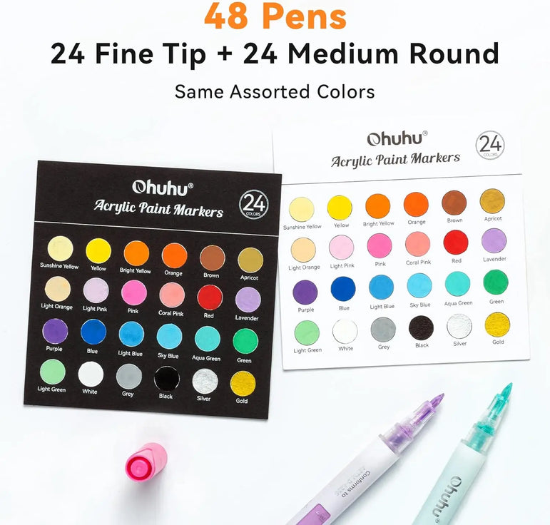 Ohuhu Acrylic Paint Markers 48 Paint Pens Reversible Tip Acrylic Markers Waterproof for Rock Painting Easter Egg Wood Plastic