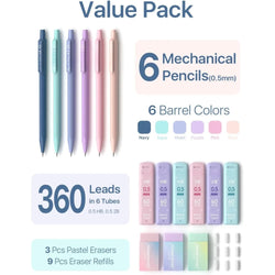Mechanical Pencil 0.5, with HB and 2B lead fill 0.5mm, colored eraser set and eraser fill, 16 count pack