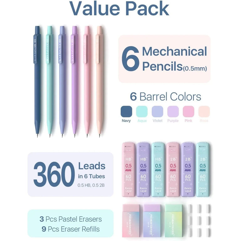 Mechanical Pencil 0.5, with HB and 2B lead fill 0.5mm, colored eraser set and eraser fill, 16 count pack