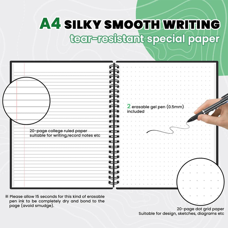 Reusable Smart Notebook A4 Size Lined and Dot-Grid Pages Note Book 6 Styles Page Rewritable Notepad for Adult Student Black