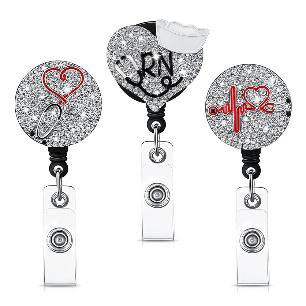 1pc Fashion Cute Rhinestones Retractable Nurse Badge Reel Clip Badge Holder Students Doctor ID Card Holder Keychain Gift