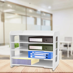 Wood File Organizer, 5 Trays Paper Sorter for Office Supplies Desk Organizer, Length 34cm/13.39in, White