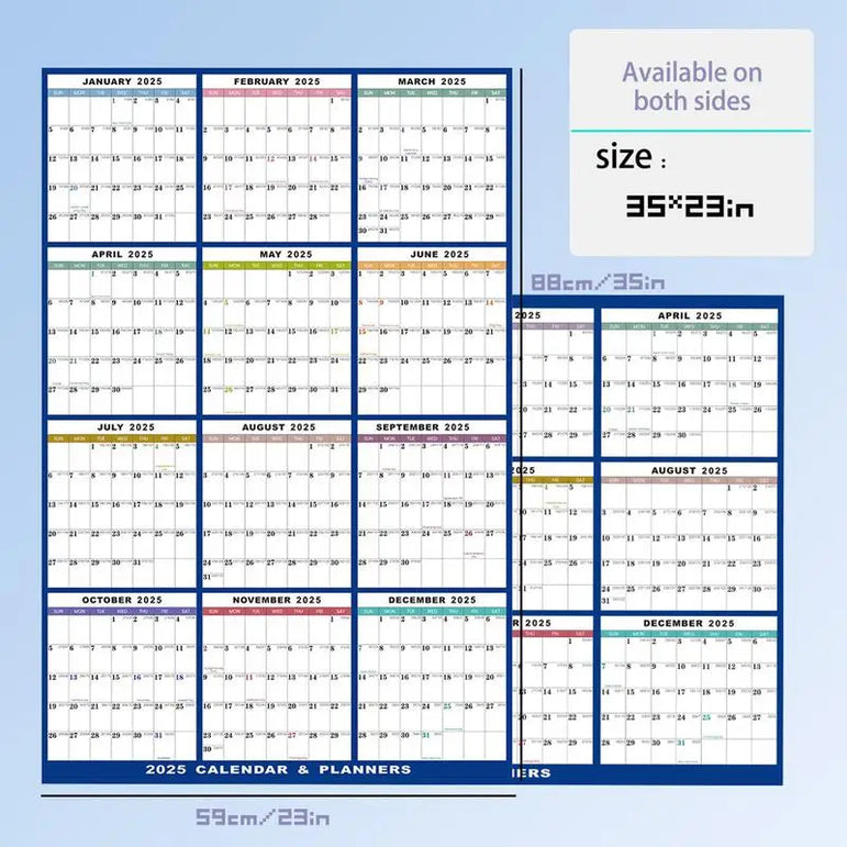 2025 Erasable Large Wall Calendar Double-sided Dry and Wet Erasable 12-month Annual Yearly Calendar for Work planner Schedule