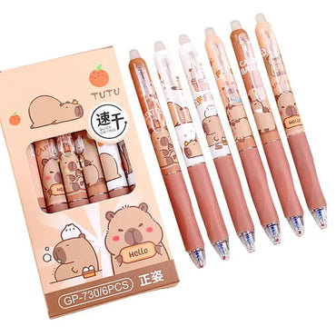 6Pcs Capybara Gel Pens Set Quickly-Drying 0.5mm Blue Erasable Pens Office School Supplies Student Stationery Gifts