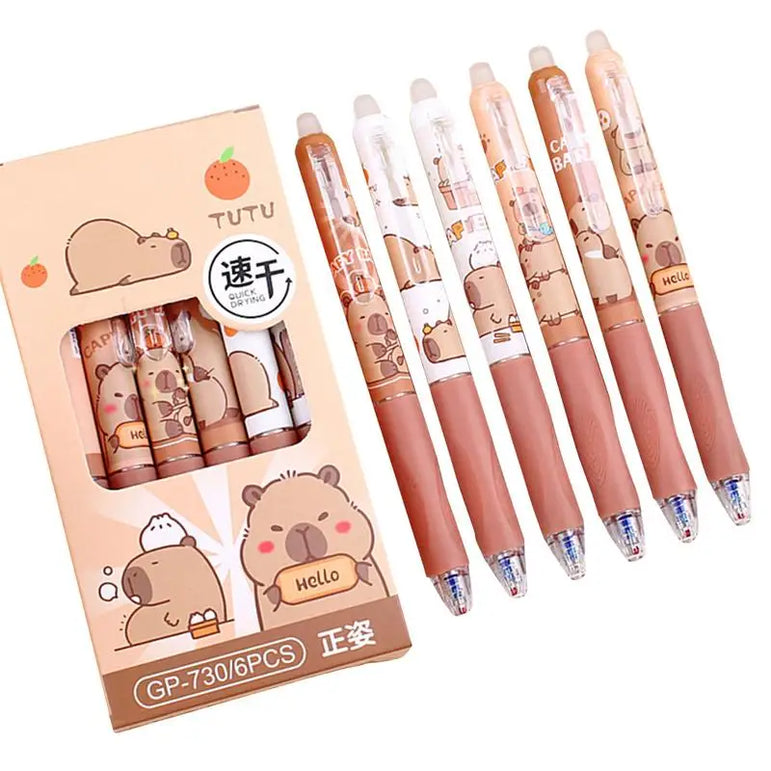 6Pcs Capybara Gel Pens Set Quickly-Drying 0.5mm Blue Erasable Pens Office School Supplies Student Stationery Gifts