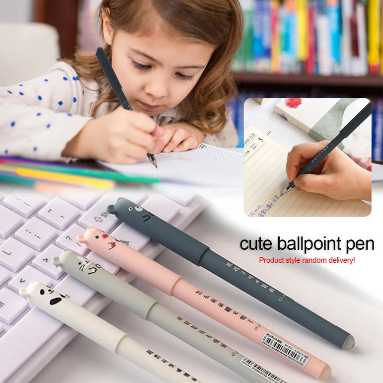 4pcs Cartoon Animals Erasable Gel Pen 0.35mm Refill Rods Kawaii Panda Pig Cat Ballpoint Pen Washable Handle For School Supplies