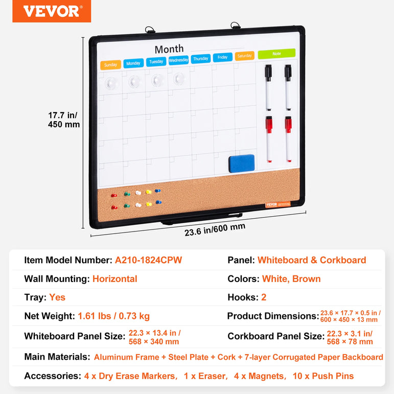 SucceBuy Whiteboard&Cork Board 2-in-1 Magnetic Dry Erase/with Linen Surface Bulletin Board for Wall Mount for School Home Office