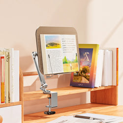 Book Stand for Reading Adjustable with 360° Rotating Base with Elastic Page Clip for Recipe Cookbooks Magazines Tablets Laptops