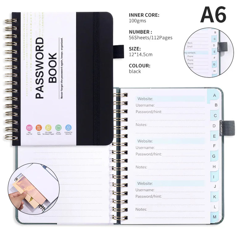 Spiral Password Keeper Book 56 Sheets Alphabetical Tabs Notebook PU Leather Cover Pen Holder Secure Internet Password Organizer