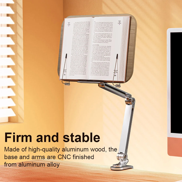 Book Stand for Reading Adjustable with 360° Rotating Base with Elastic Page Clip for Recipe Cookbooks Magazines Tablets Laptops