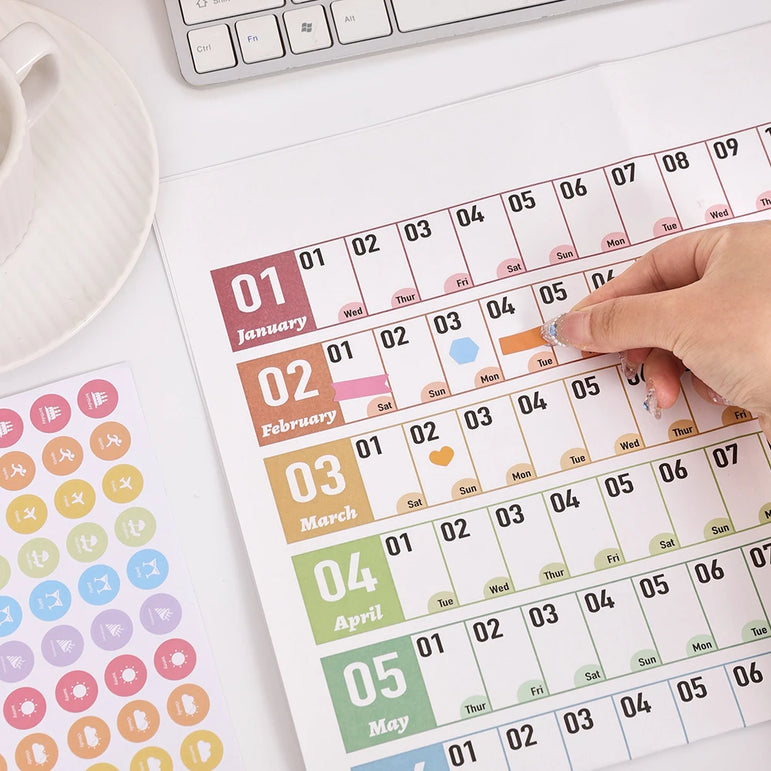 1 pc 2025 Colorful Large Size Paper Wall Calendar With Stickers And Tapes 365 Days Calendar Of The Year Planner Memo Schedules