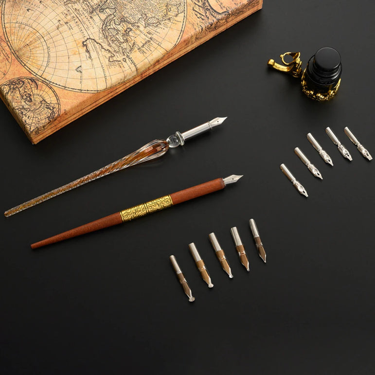 European Dip Pen Fountain Retro Starry Sky Glass Ink Calligraphy Student Writing Exquisite Stationery Dip Pen Sets Gift