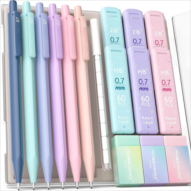 Mechanical Pencil 0.5, with HB and 2B lead fill 0.5mm, colored eraser set and eraser fill, 16 count pack