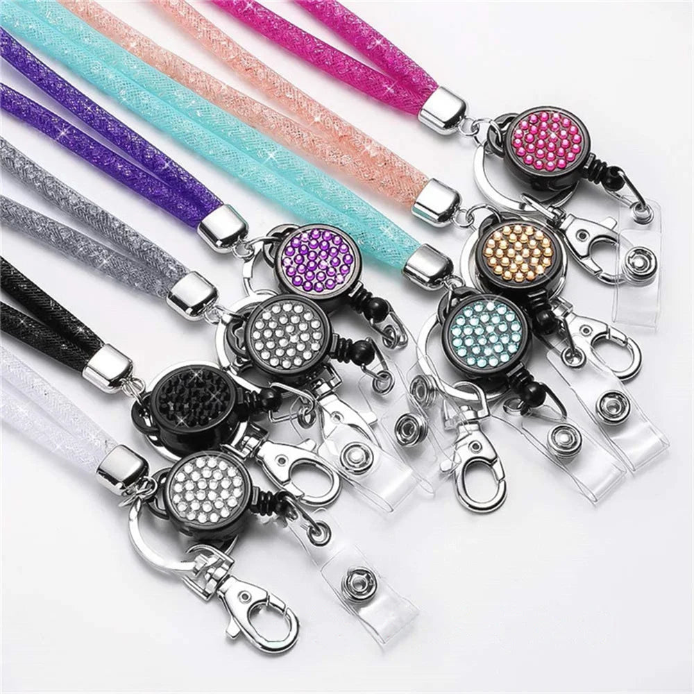 Retractable Rhinestone Lanyard Mobile Phone Case Hanging Neck Sling ID Card Holder Universal Keychain Office School Supplies