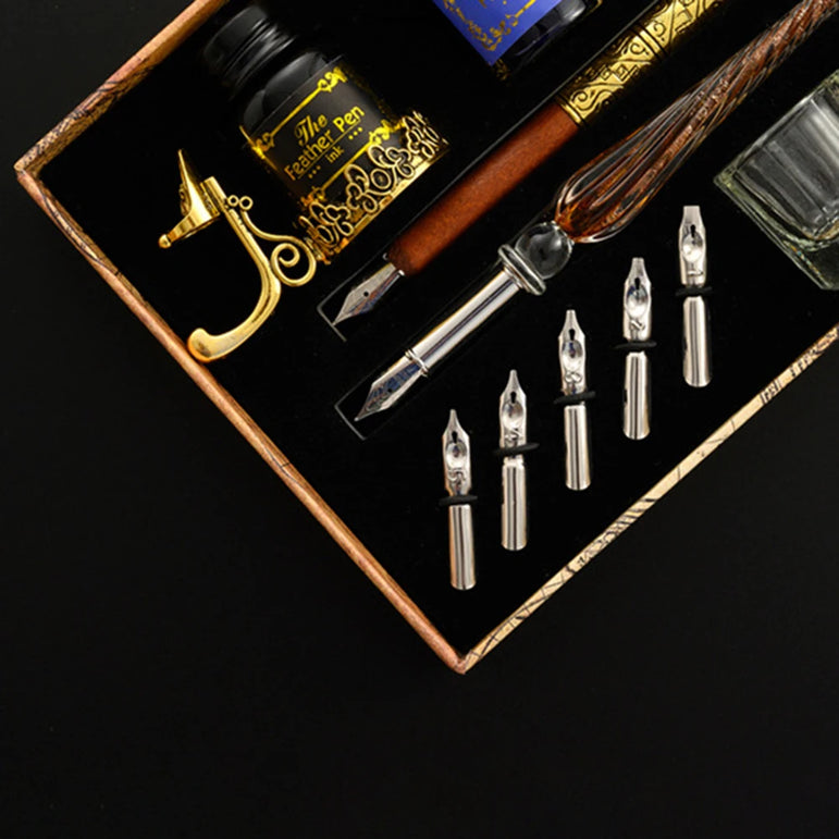 European Dip Pen Fountain Retro Starry Sky Glass Ink Calligraphy Student Writing Exquisite Stationery Dip Pen Sets Gift