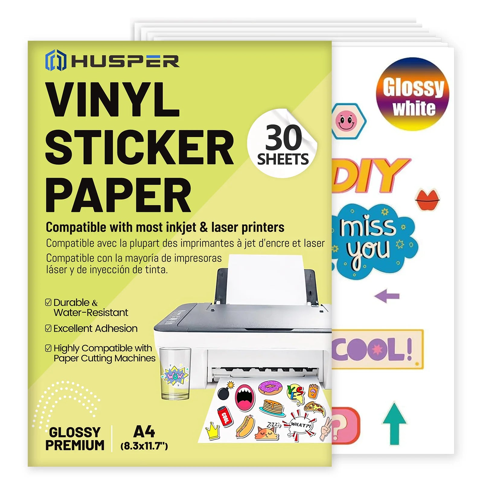 30 Sheets A4 Glossy White Vinyl Sticker Paper Self-Adhesive Waterproof for Inkjet Printer DIY Crafts Labels & Decals
